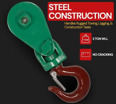 Two Pack Snatch Block With Hook, 2 Ton Working Load, 3 Inch Sheave, 3/8 Inch Wire Rope Compatible, for Off Road Recovery