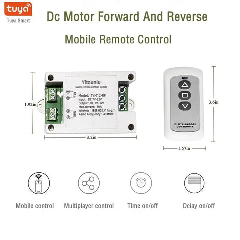 Smart WiFi And Bluetooth DC Motor Controller 10A 7 To 32V Reversible Switch with remote and control icons visible