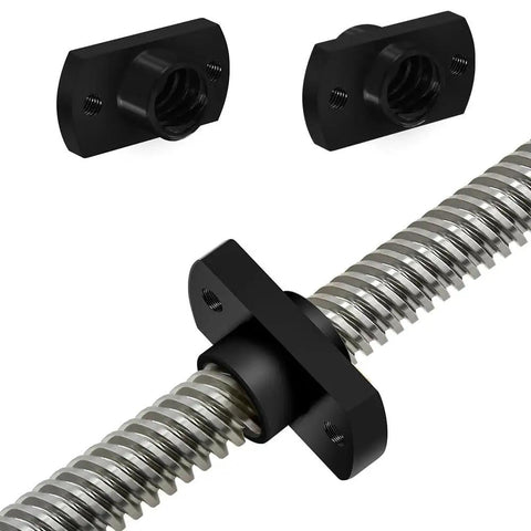 Upgrade Your 3D Printer Game With This Top Notch T8x8 Lead Screw Kit Featuring Precision Machined POM Nuts And Durable Brass Flange Nut For Smooth Z Axis Motion, Zero Layer Shifts, And Awesome Print Accuracy Today. Black POM nut set with brass flange nut on T8 lead screw for 3D printer Z axis