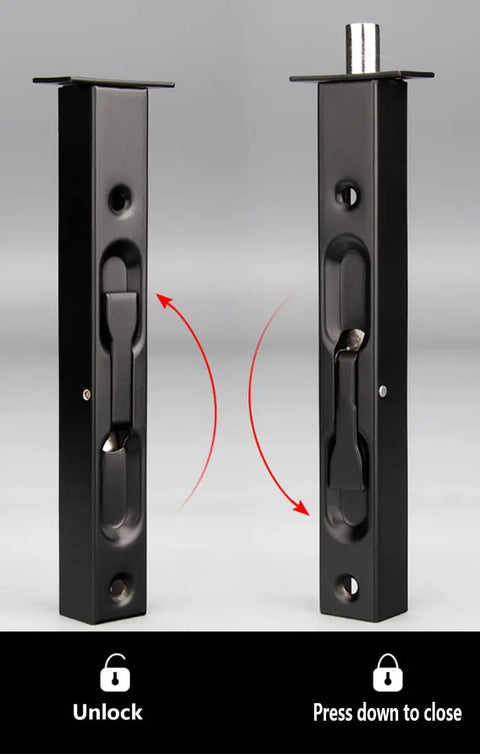 Top Tier Heavy Duty 6 Inch Stainless Steel Door Flush Bolts for Foolproof Sliding Latch Setup in black, shown in unlock and close position.