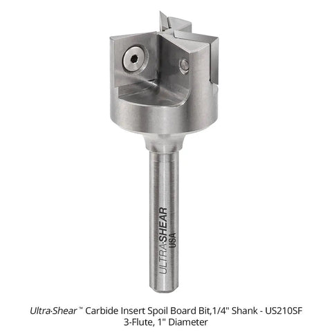 Spoilboard Surfacing Router Bit For Pros With One Inch Cutting Diameter And One Quarter Inch Shank, Three Flute Carbide Insert CNC Bit For Slab Flattening Planing Milling Replaceable Rotating Inserts Made In USA