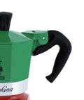 Limited Edition Tricolore Moka Pot For Espresso Lovers Holds Half Cup Per Brew At 40ml Delivers Rich Bold Stovetop Coffee In Classic Italian Style For Home, side view of green upper section and black handle.