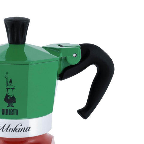 Limited Edition Tricolore Moka Pot For Espresso Lovers Holds Half Cup Per Brew At 40ml Delivers Rich Bold Stovetop Coffee In Classic Italian Style For Home, side view of green upper section and black handle.