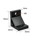 Eight Piece Set Of Tough As Nails Black Corner Brackets Built For 4040 And 4080 Aluminum Extrusion Profiles Featuring Slick Anodized Finish And Complete M8 Hardware Bundle, 50mm black corner bracket with M8 hole.
