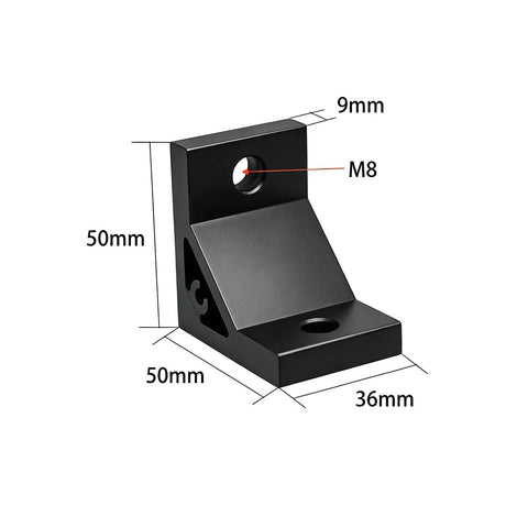 Eight Piece Set Of Tough As Nails Black Corner Brackets Built For 4040 And 4080 Aluminum Extrusion Profiles Featuring Slick Anodized Finish And Complete M8 Hardware Bundle, 50mm black corner bracket with M8 hole.