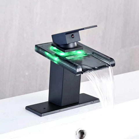 LED Temperature Sensing Slick Matte Black Bathroom Sink Faucet With Open Glass Spout Waterfall Flow Single Hole Mount Emits Green Light