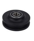 Close-up of a black wheel from 2 Pack Barn Door Sliding Roller Wheels Kit For DIY Sliding Door Project, showing smooth glide surface.