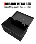 Tough And Compact Steel Metal Tool Box For Safely Storing Valuables, Key Documents, And Essential Garage Gear, Featuring A Lockable Design With Sturdy Handle And Fireproof Build In 12-Inch Black Size