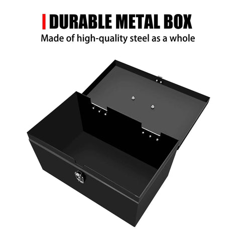 Tough And Compact Steel Metal Tool Box For Safely Storing Valuables, Key Documents, And Essential Garage Gear, Featuring A Lockable Design With Sturdy Handle And Fireproof Build In 12-Inch Black Size