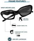 Badass Wraparound Safety Glasses Featuring Dope Black Full Rim Frames And Impact Resistant Polycarbonate Photochromic Lenses, front view with details.