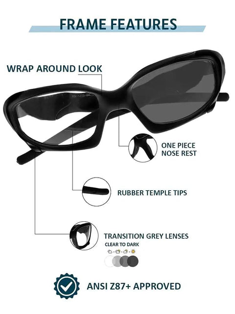 Badass Wraparound Safety Glasses Featuring Dope Black Full Rim Frames And Impact Resistant Polycarbonate Photochromic Lenses, front view with details.