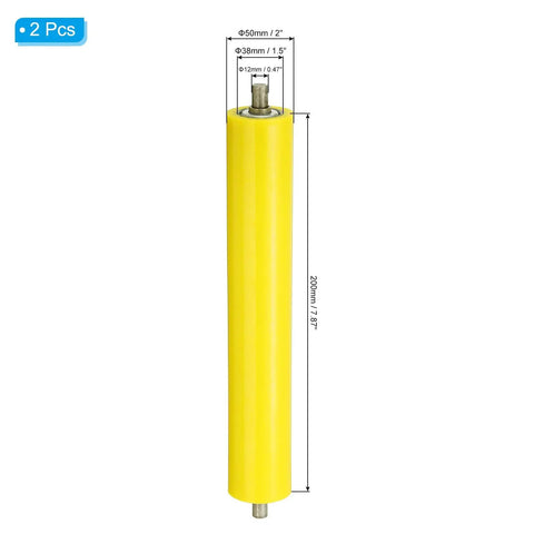Polyurethane Coated Conveyor Roller 2 Pack, 1.5 Inch Diameter by 11 Inch Length, Stainless Steel Shaft, Yellow Finish, Heavy Duty Gravity Conveyor Replacement Part with Galvanized End shown in detailed measurement view.