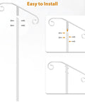 Diagram of Heavy Duty Wrought Iron Non Drill Handrail Railing For Outdoor Steps with easy installation steps and screws.