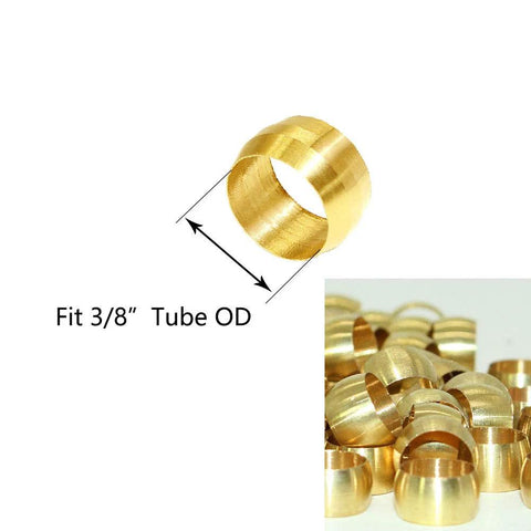 Brass compression sleeve ferrule for 3/8 in tube OD; close-up view of gold ring