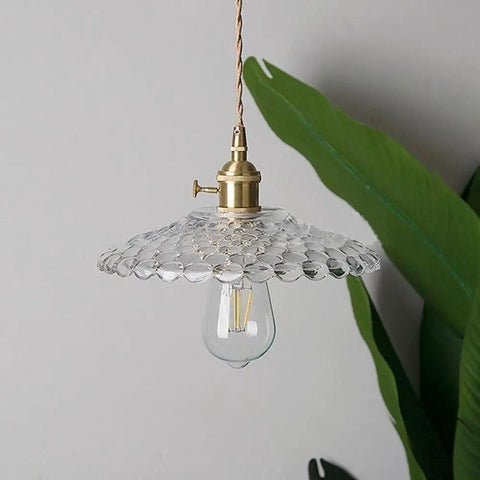 UIOLCFF Classic Creative Personality Nordic Minimalist Glass Shade Single-Head Hanging Light with clear shade and brass base.