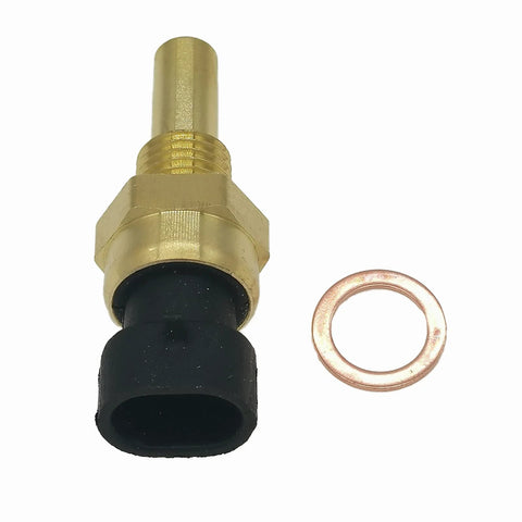 Engine coolant temperature sensor with brass threaded body, black plastic connector, and copper sealing washer.