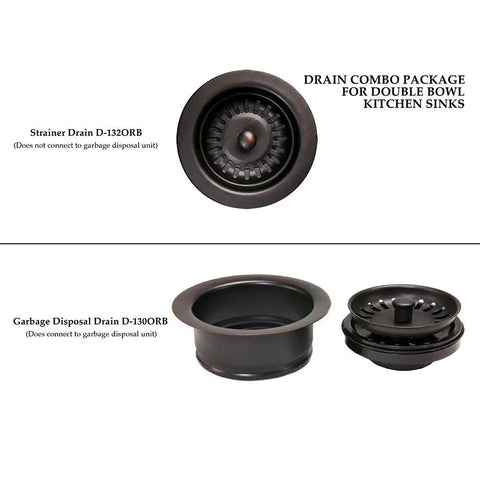 DC-1ORB Drain Combination Package For Double-Bowl Kitchen Sinks In Oil Rubbed Bronze, showing strainer and disposal drains.