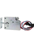 Heavy Duty DC12V Solenoid Cabinet Door Lock With Carbon Steel Deadbolts And Rock Solid One Fifty Pound Latch Hook seen from the side with wires.