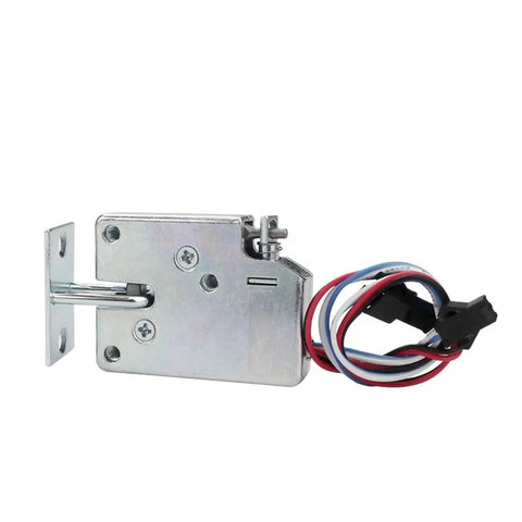 Compact Electromagnetic Solenoid Door Lock For Cabinets And Vending Machines With Slick 12v DC Electric Deadbolt and Badass Carbon Steel Build side view showing electrical connectors.