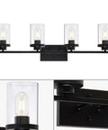 4 Light Vanity Fixtures Over Mirror in Matte Black With Clear Cylinder Glass Industrial Farmhouse Wall Sconces