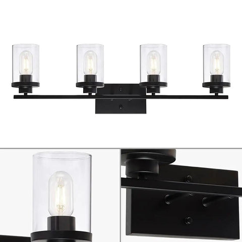 4 Light Vanity Fixtures Over Mirror in Matte Black With Clear Cylinder Glass Industrial Farmhouse Wall Sconces
