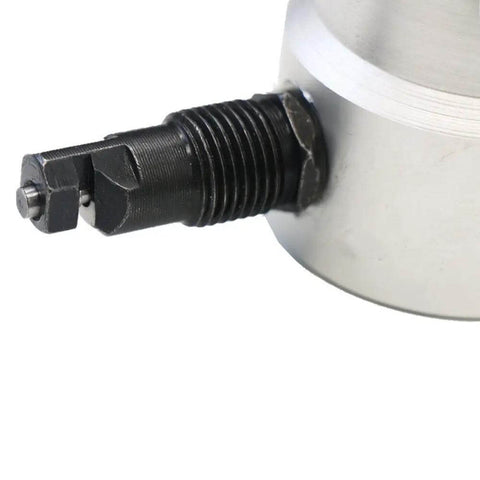 Close-up of Ultimate Multipurpose Sheet Metal Nibbler Cutter Drill Attachment Double Head For Handheld Drills.
