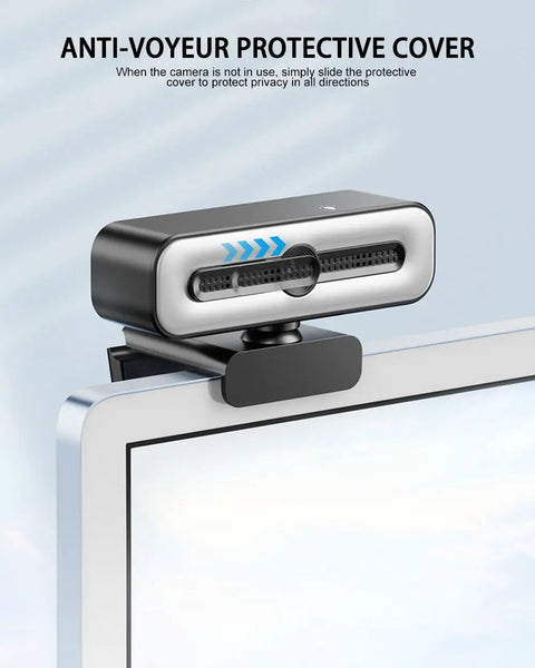 Premium 4K Webcam With Built In Ring Light And Dope Privacy Shutters For Crisp Streaming And Badass Video Calls Featuring Dual AI Noise Canceling Mics Plus Super Fast Autofocus with anti-voyeur protective cover on monitor.