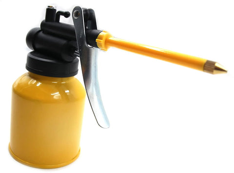 Oil spray bottle with long yellow nozzle and metal trigger on a yellow plastic 250ml can.