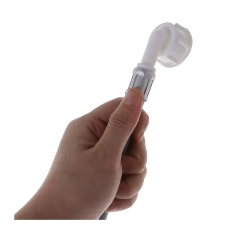Hand holding leak proof inlet hose with 90 degree elbow for washing machine and dishwasher universal water supply