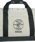 Front view of Heavy Duty Natural No 8 Canvas Tool Bag With 14 Interior Pockets And External Pocket 20 Inch Wide Mouth With Steel Frame.