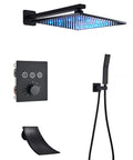 Top Tier Matte Black Shower System Combo With Killer Led Rainfall Head And Easy Grab Handheld Wand, showing faucet controls and tub spout.