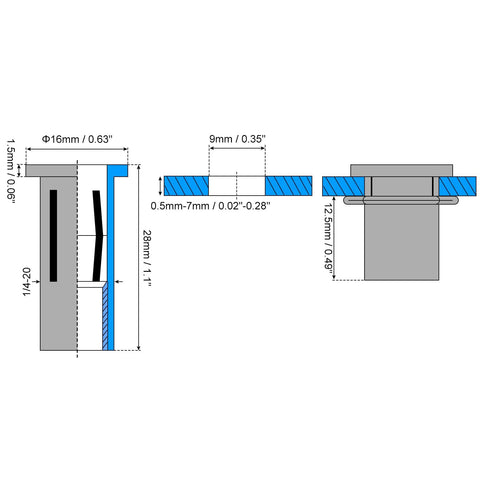 Diagram showing dimensions for Six Pack 1/4-20 Multi Grip Rivet Nuts With Pre Bulbed Shank Flat Head Threaded Insert Nut 304 Stainless Steel