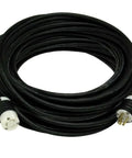 Heavy Duty 110 Foot Extension Cord 3 Prong Black Power Cable Plug And Play Setup For Yard Work And Shop Tasks, coiled design.