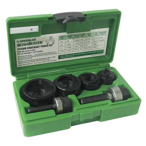 Slug Buster Knockout Punch Kit with Hex Ratchet Wrench open case showing conduit punches, draw studs, low carbon steel