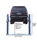 Heavy Duty Two Post Vehicle Lift With Baseplate And Open Top Design For Low Ceiling Garages, 8000 Lb Beefy Load Limit displayed with SUV lifted.