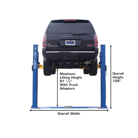 Heavy Duty Two Post Vehicle Lift With Baseplate And Open Top Design For Low Ceiling Garages, 8000 Lb Beefy Load Limit displayed with SUV lifted.