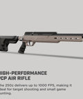 PCP Air Rifle.25 Caliber Bolt Action With 1000 FPS, tan finish, displaying high-performance design for targeting and small game