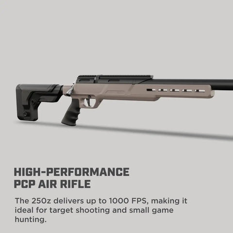 PCP Air Rifle.25 Caliber Bolt Action With 1000 FPS, tan finish, displaying high-performance design for targeting and small game