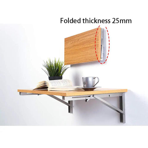 Premium 304 Stainless Steel Folding Shelf Brackets Triangle Wall Mounts showcasing a 25mm thick wooden shelf with books and a mug.
