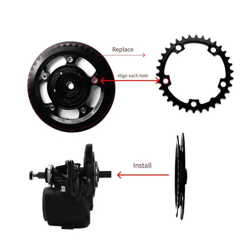 Installation diagram for 52T Chain Wheel for TSDZ2 TSDZ 2B Electric Bike Motor Upgrade showing alignment and placement.