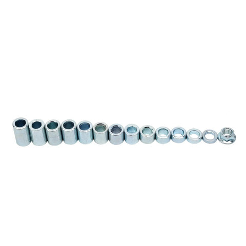 Industrial Steel Spacer Sleeve Bushings Kit, 13 Piece Set, Fits 12 Millimeter Classic Axle, One Half Inch Inner Diameter by Three Quarter Inch Outer Diameter, Silver Finish, Built Tough for Long Lasting Performance. 13 steel bushings with nut