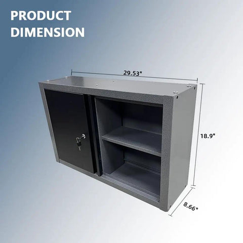 Heavy Duty Built Tough Steel Wall Cabinet for Garage and Workshop Tool Storage with Two Removable Shelves and Adjustable Interior Industrial Metal Hanging Cabinet for Organized Clutter Free Shop Space, dimensions shown