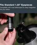Moon Filter Kit For 1.25 Inch Telescope Eyepieces With Four Filter Set Including Three Neutral Density Filters And Sky Glow Plus Lunar Map shown being attached to telescope