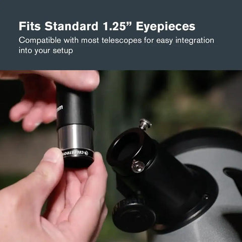 Moon Filter Kit For 1.25 Inch Telescope Eyepieces With Four Filter Set Including Three Neutral Density Filters And Sky Glow Plus Lunar Map shown being attached to telescope