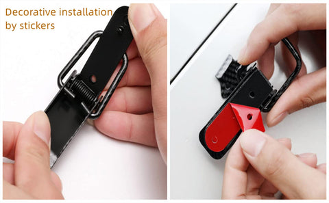 Heavy Duty Car Bumper Clips 4 Pack Quick Release Hasps showing installation on car surface with stickers