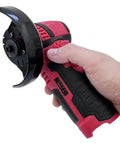 Heavy Hitter 12V Brushless Micro Angle Grinder Kit Includes Three Batteries And Premium Diamond Wheels Cordless Power Tool held in hand.