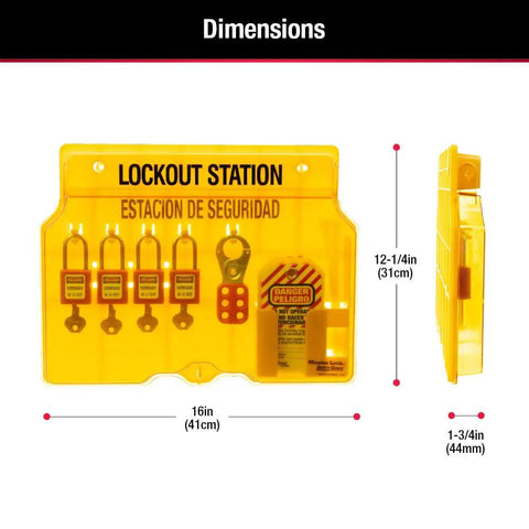 Front and side view of 1482BP410 Covered Lockout Tagout Station with dimensions in yellow polycarbonate cabinet.