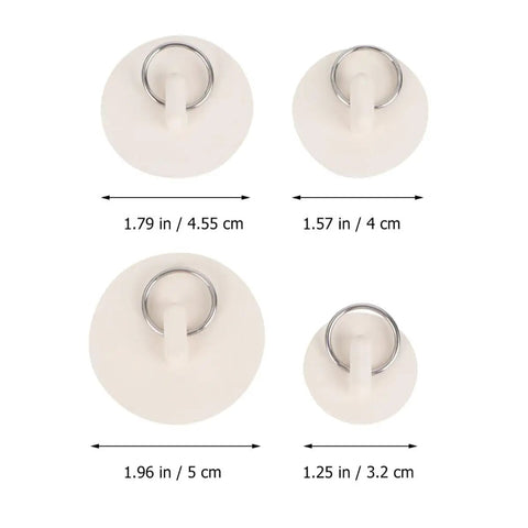 4pcs Rubber Sink Stopper White with Hanging Ring for Laundry Bathtubs, featuring varying sizes and a metal ring for easy handling.