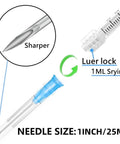 1Ml Luer Lock Syringe Set with 23G 1 Inch 25mm Needle, detailed needle tip and syringe, lab grade, industrial use