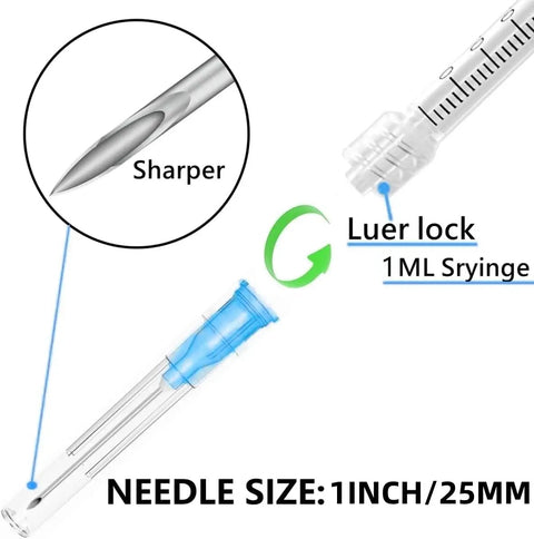 1Ml Luer Lock Syringe Set with 23G 1 Inch 25mm Needle, detailed needle tip and syringe, lab grade, industrial use